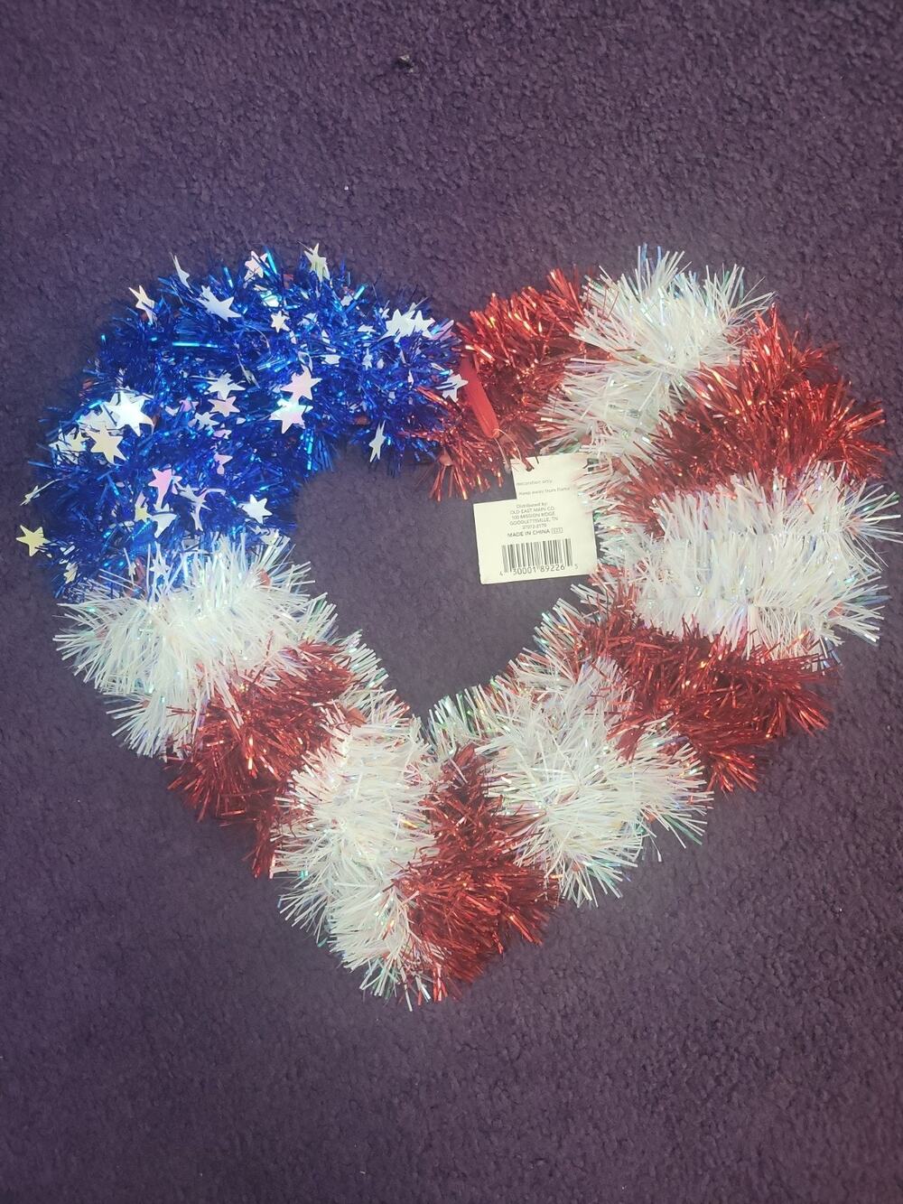 True Living Patriotic Hanging Tinsel Heart Decor Wall Wreath 15” x 13” - NEW